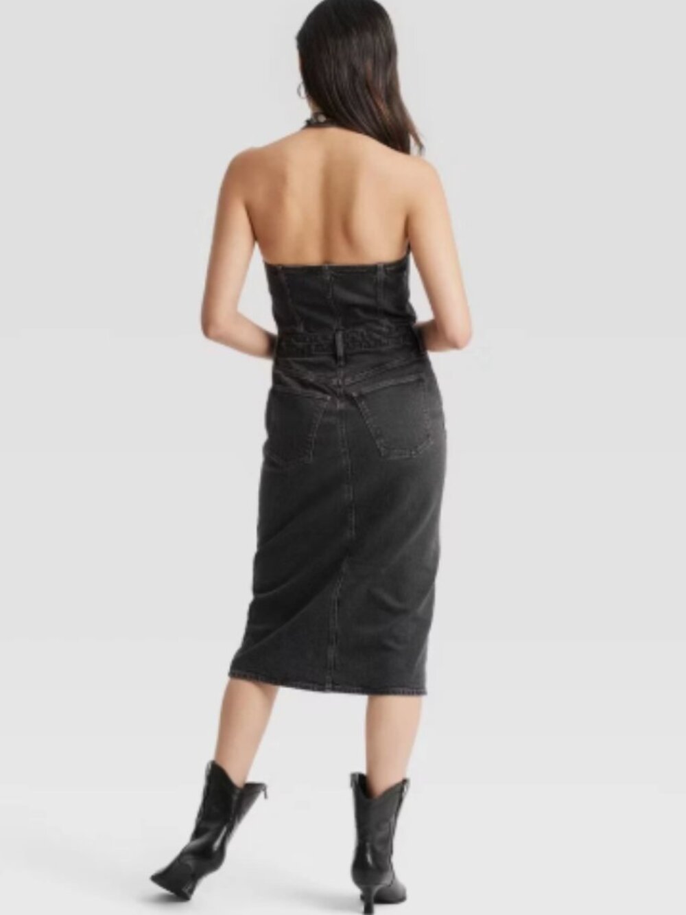 Universal Thread Black Denim Halter Midi Dress Button Front Size 4 6 NWT - Picture 3 of 8